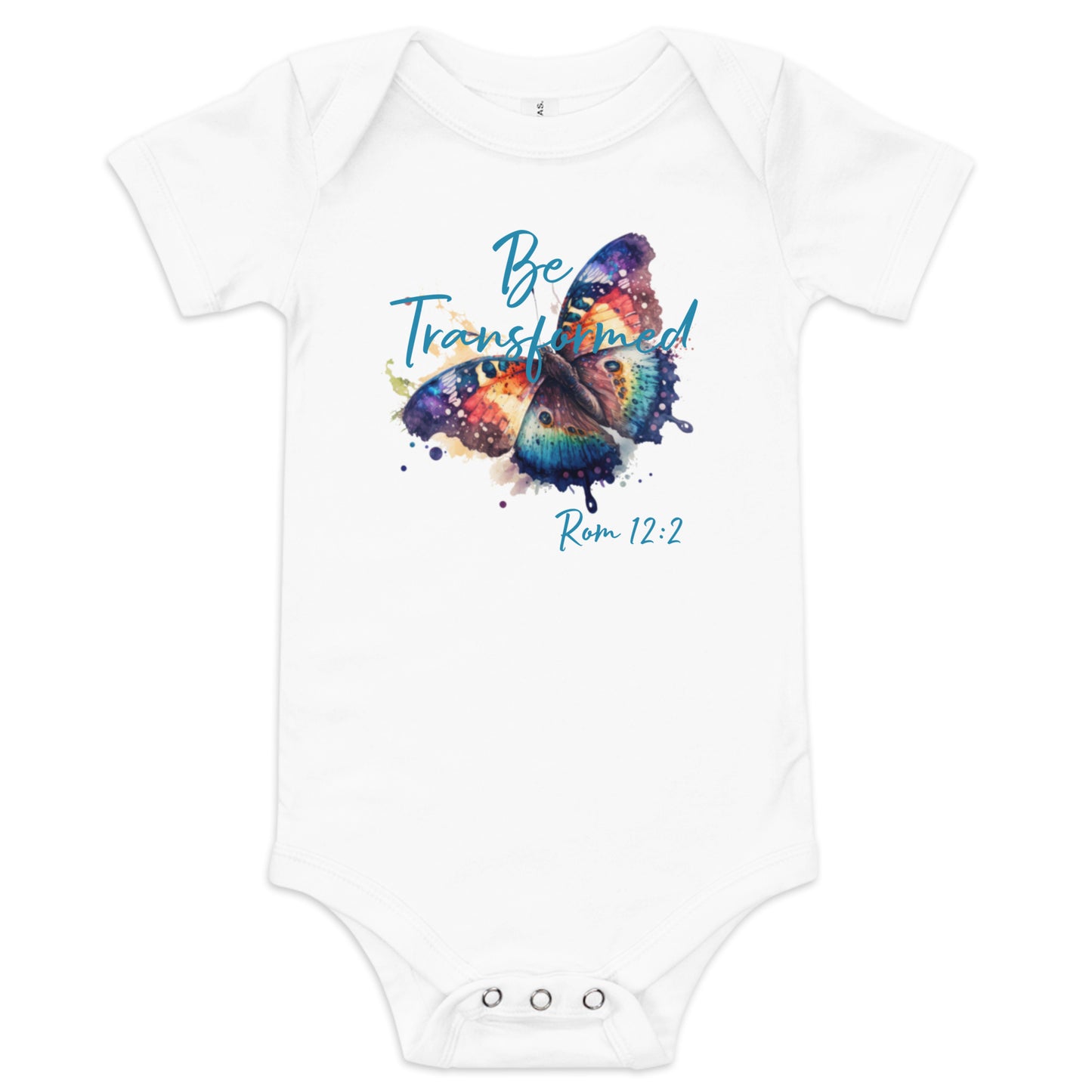 Be Transformed Butterfly Rom 12:2 Baby Onesie