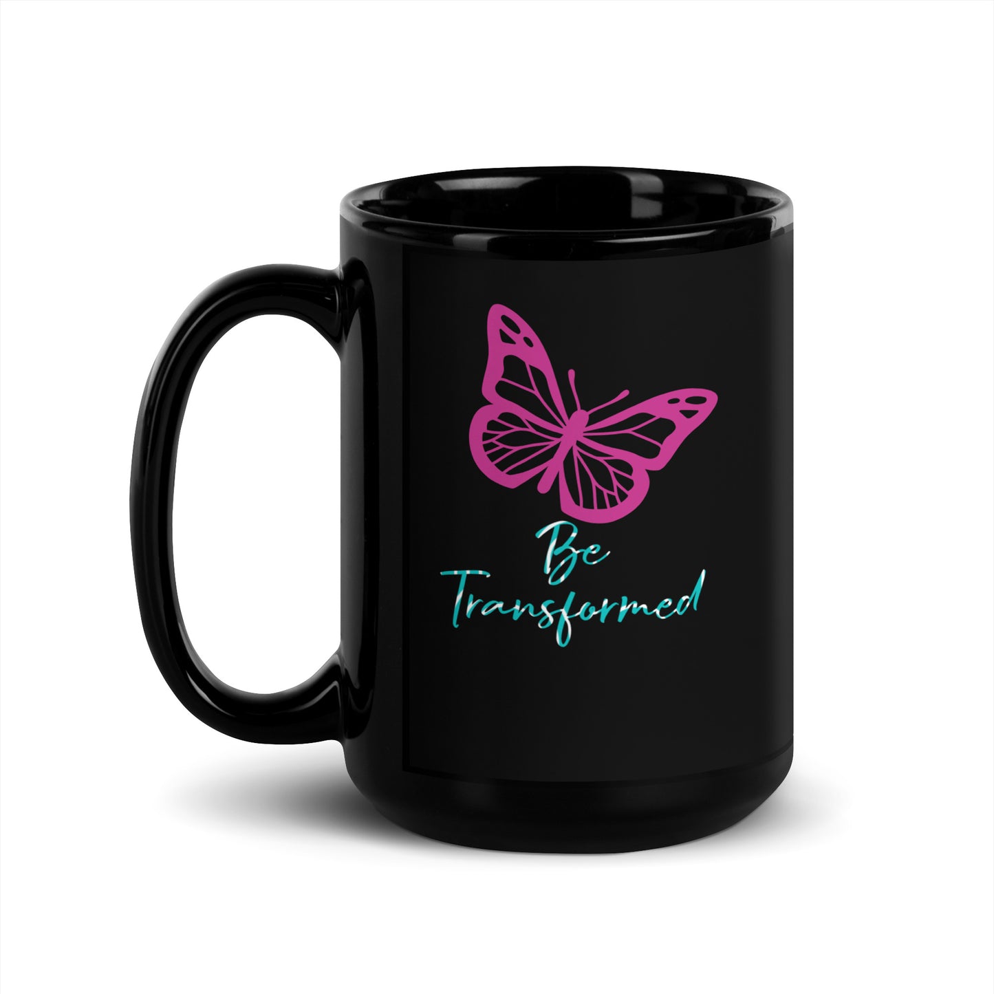 Be Transformed Pink Butterfly Black Glossy Mug