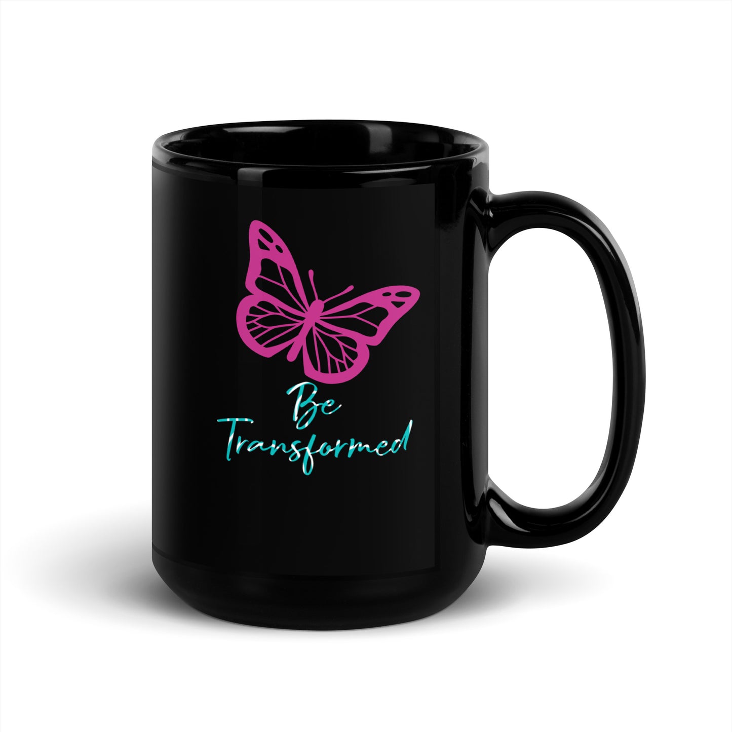 Be Transformed Pink Butterfly Black Glossy Mug