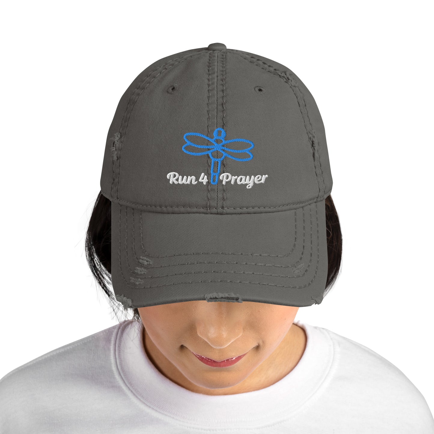 Run4Prayer Blue Dragonfly/ White Stitch Distressed Hat