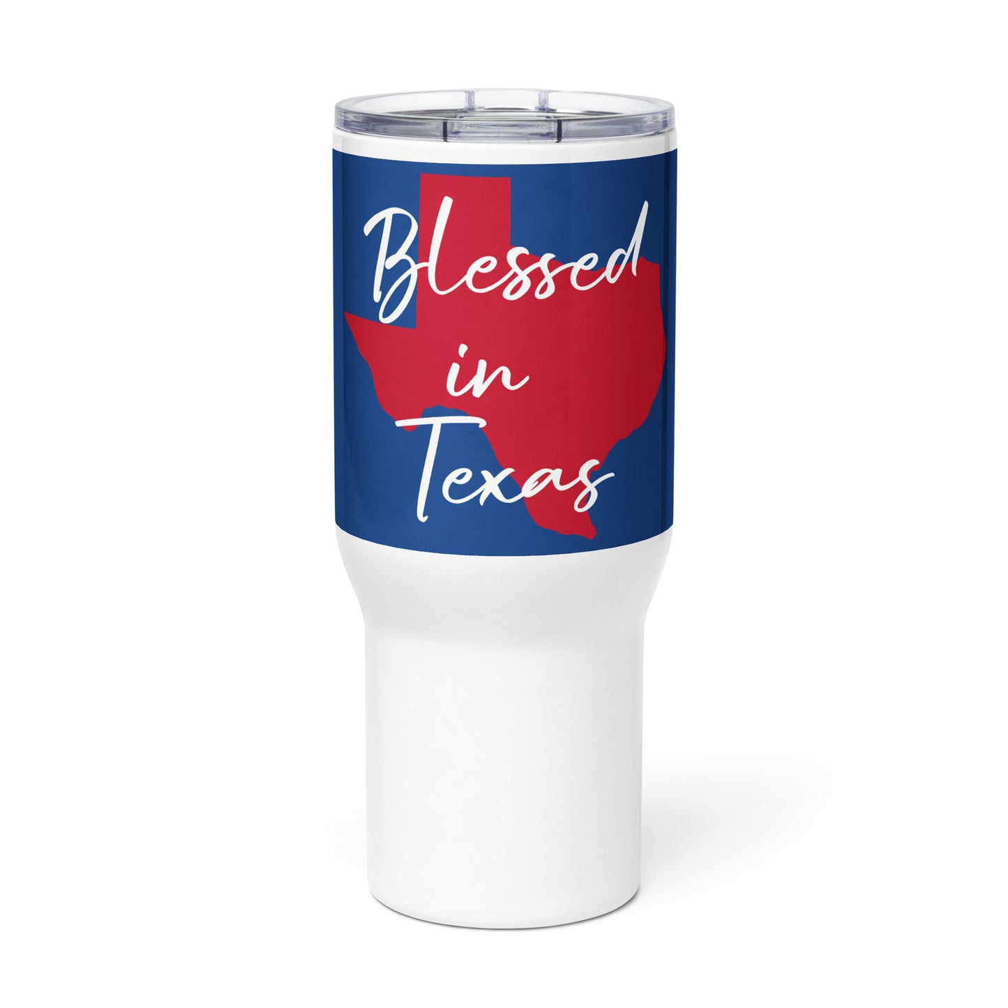 Blessed in Texas Red on Blue (White Print) Travel Mug w/ Handle 25oz