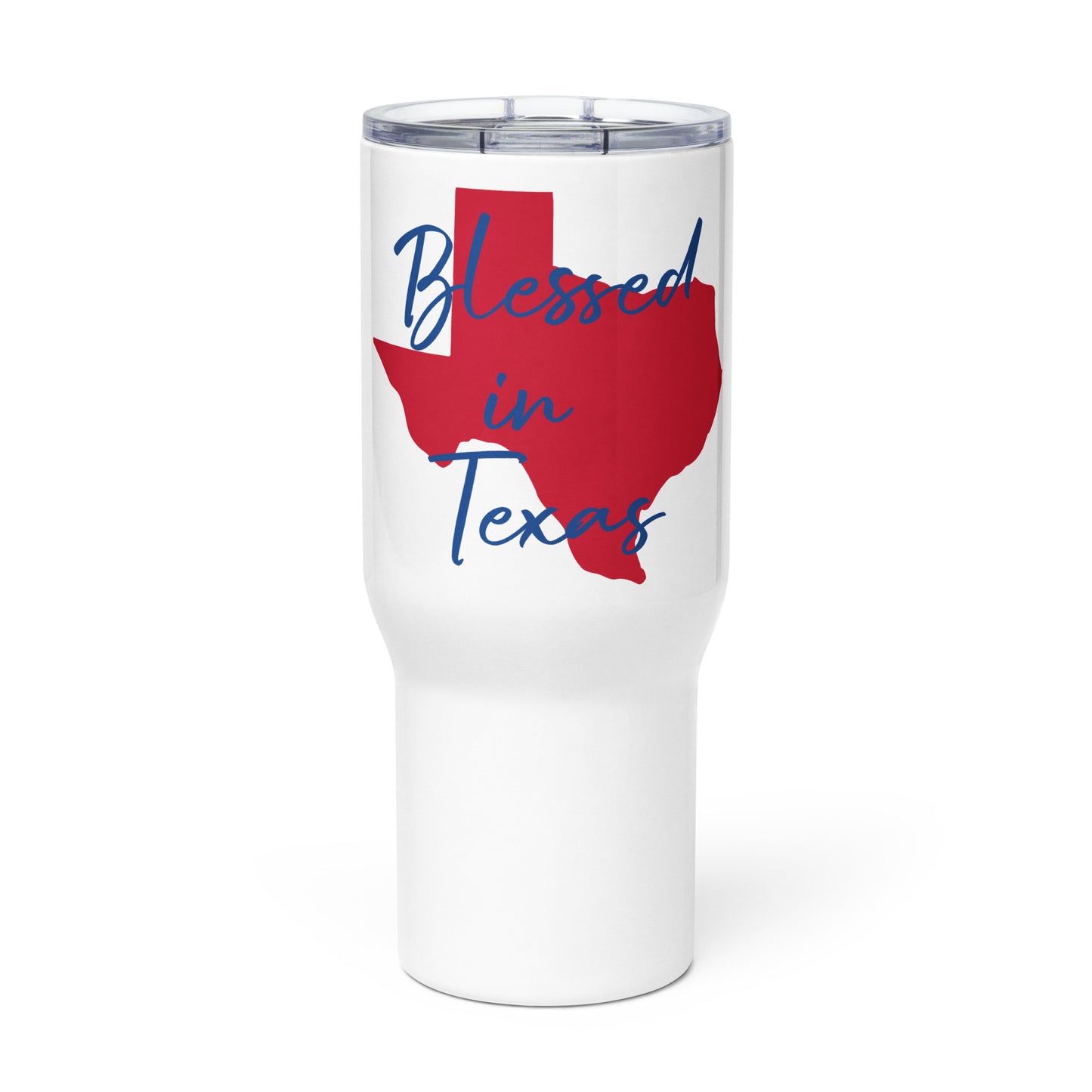 Blessed in Texas Red on White (Blue Print) Travel Mug w/ Handle 25oz