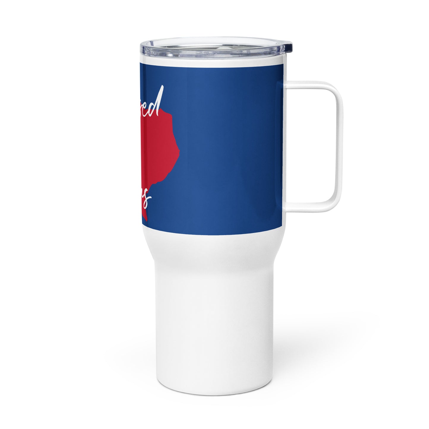 Blessed in Texas Red on Blue (White Print) Travel Mug w/ Handle 25oz