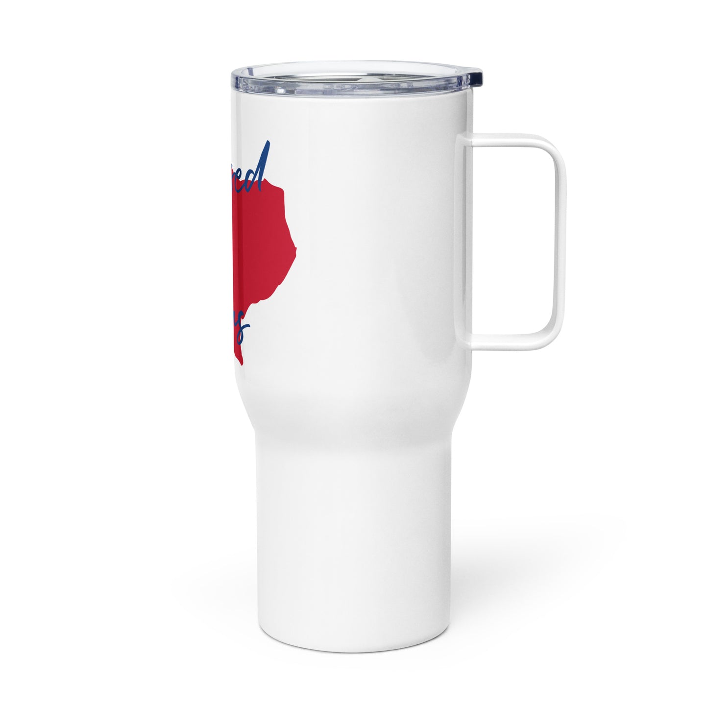 Blessed in Texas Red on White (Blue Print) Travel Mug w/ Handle 25oz