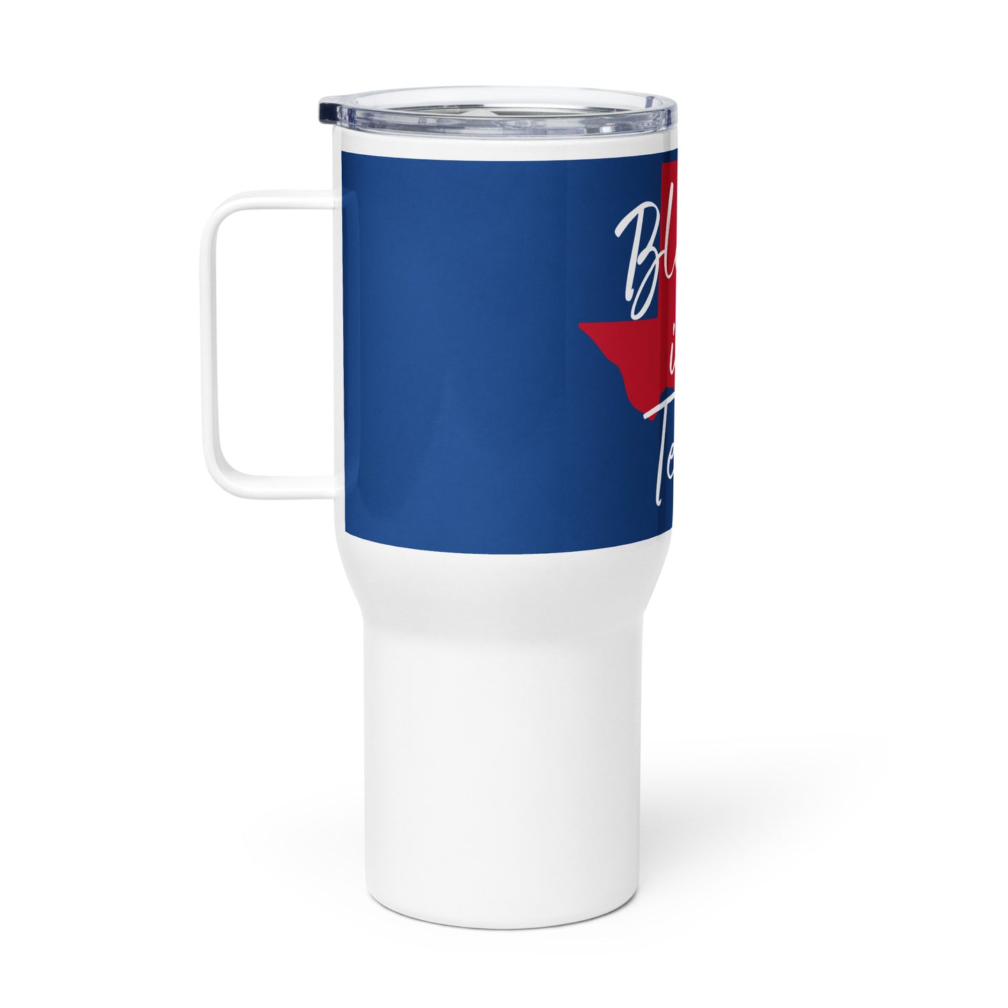 Blessed in Texas Red on Blue (White Print) Travel Mug w/ Handle 25oz