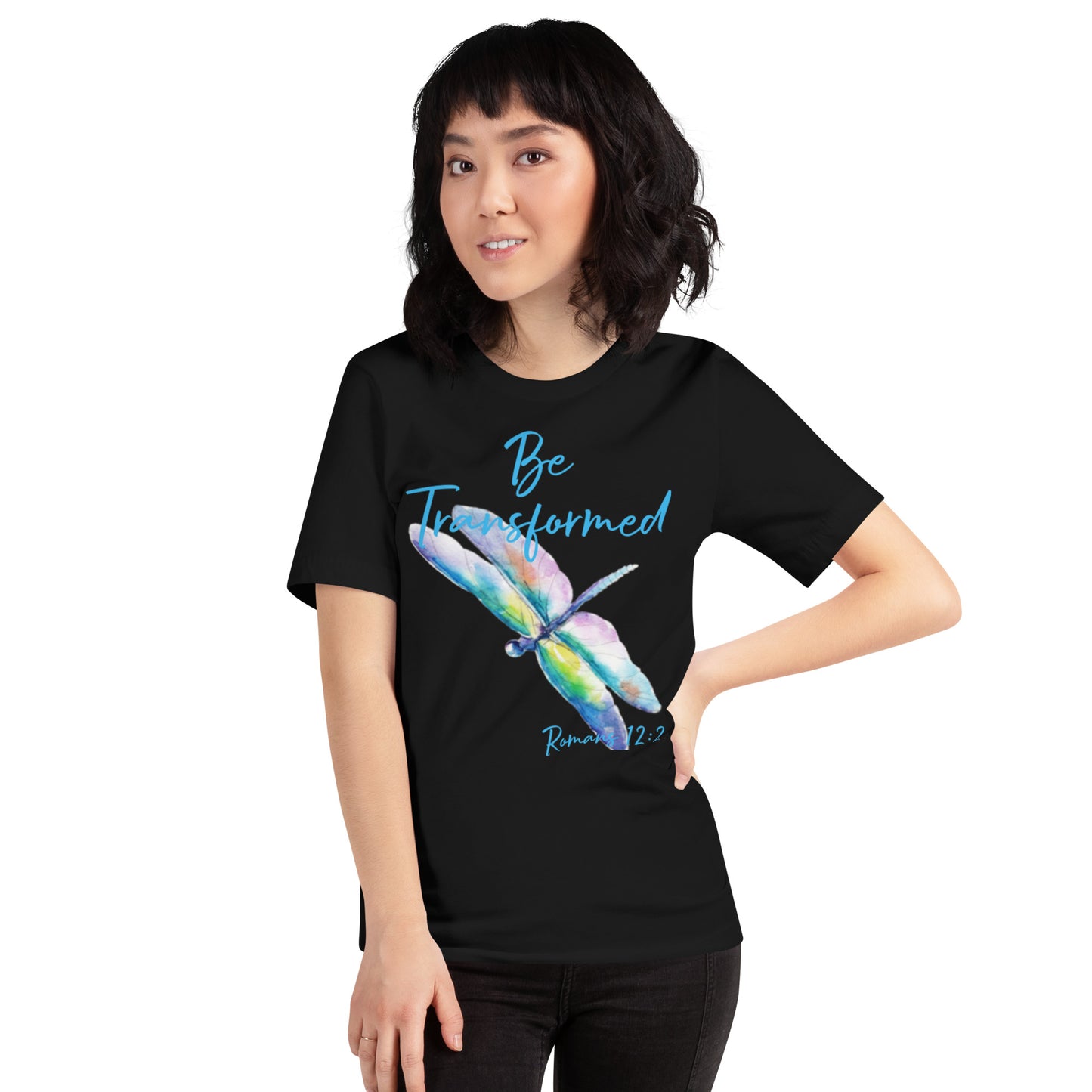 Be Transformed Colorful Dragonfly Turq Rom 12:2 Unisex t-shirt