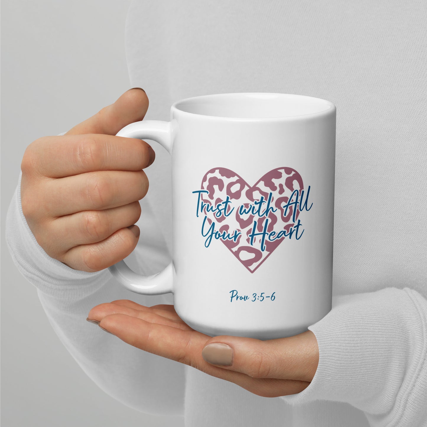 Leopard Heart Trust With All Your Heart Prov 3:5-6 Taupe/Teal Mug (White Glossy)