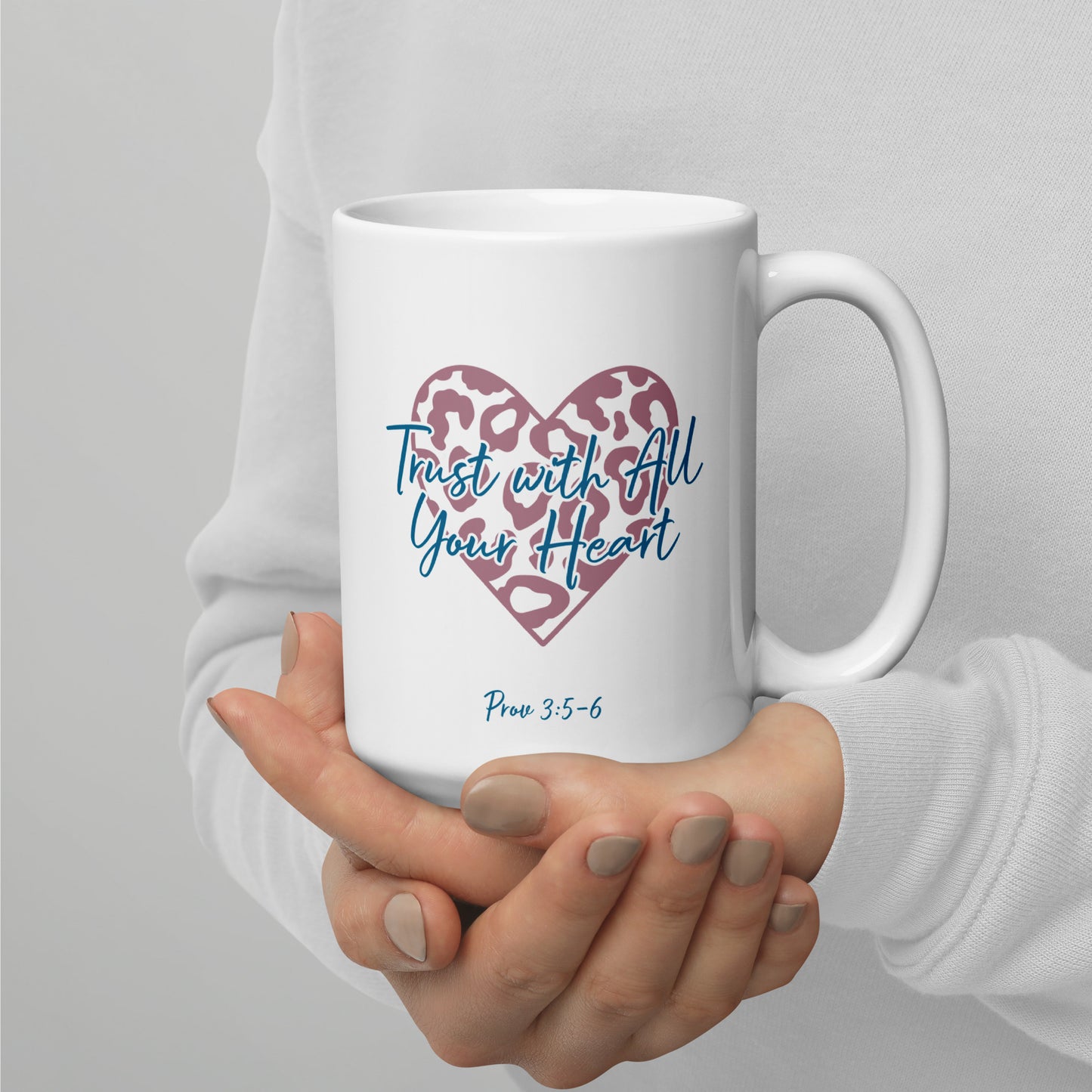Leopard Heart Trust With All Your Heart Prov 3:5-6 Taupe/Teal Mug (White Glossy)