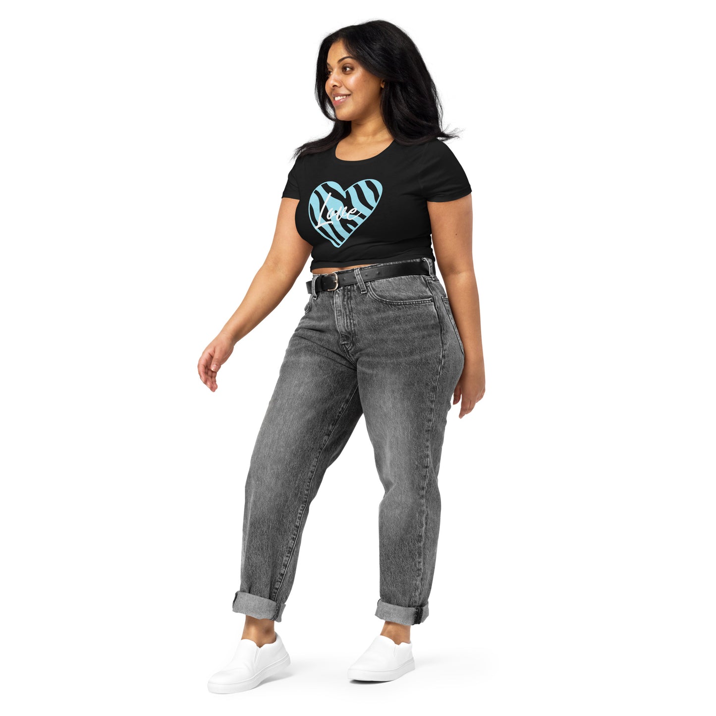 Zebra Love Blue/White Women’s Crop Tee (Black)