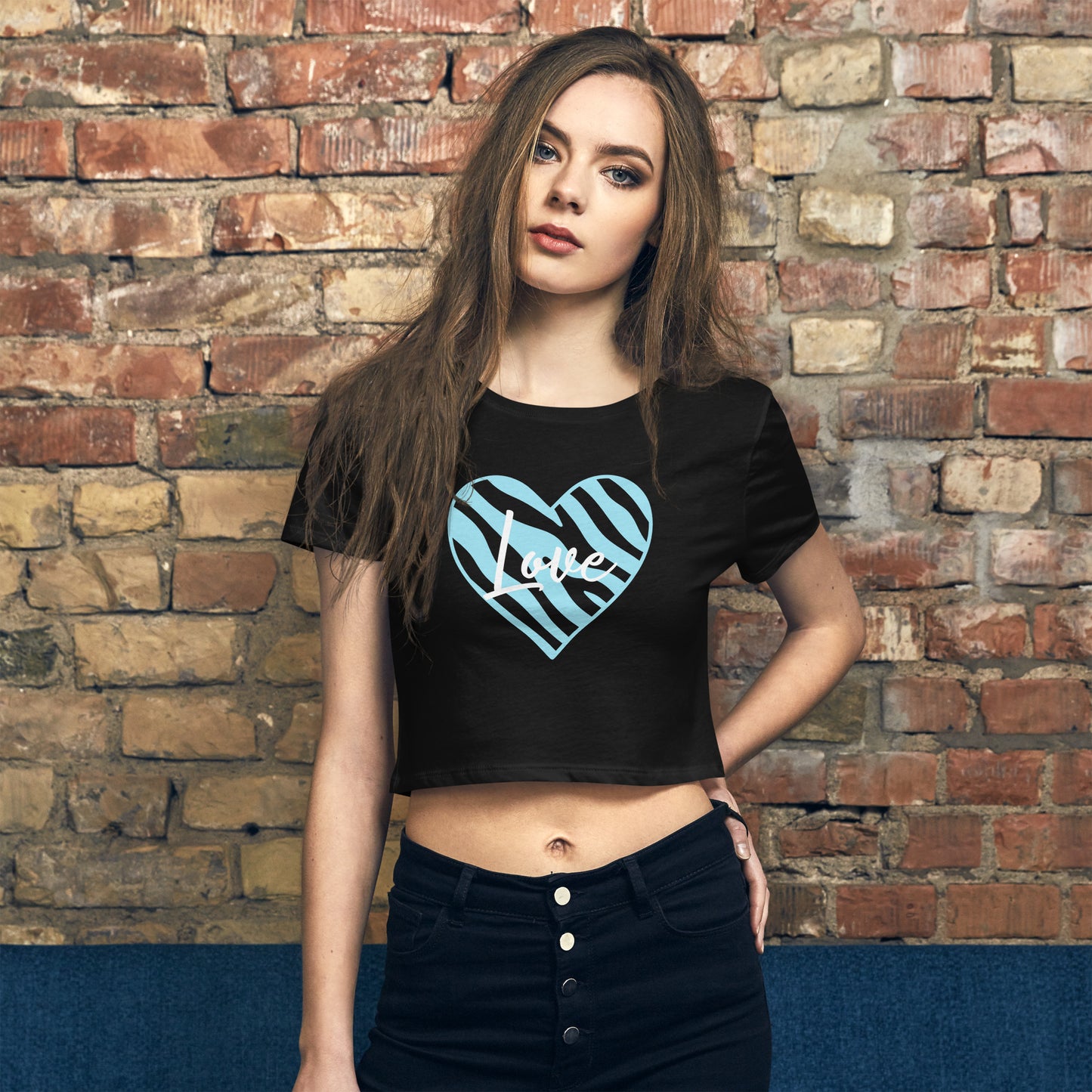 Zebra Love Blue/White Women’s Crop Tee (Black)