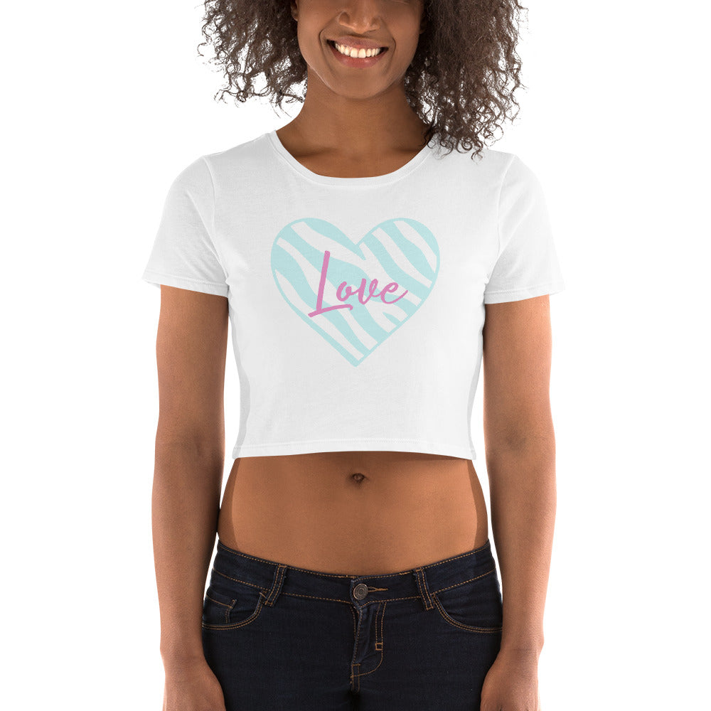 Zebra Love Blue/Lavender Women’s Crop Tee (White)