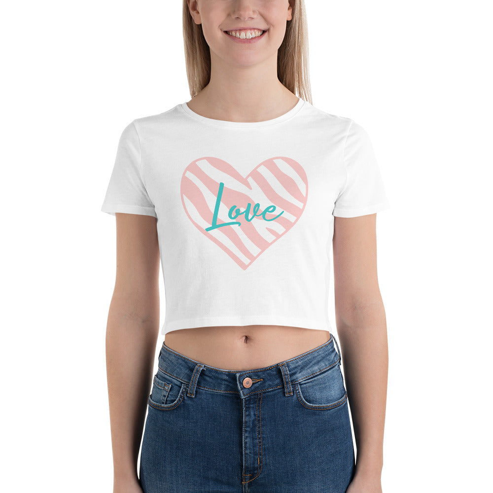 Zebra Love Pink/Teal Women’s Crop Tee (White)
