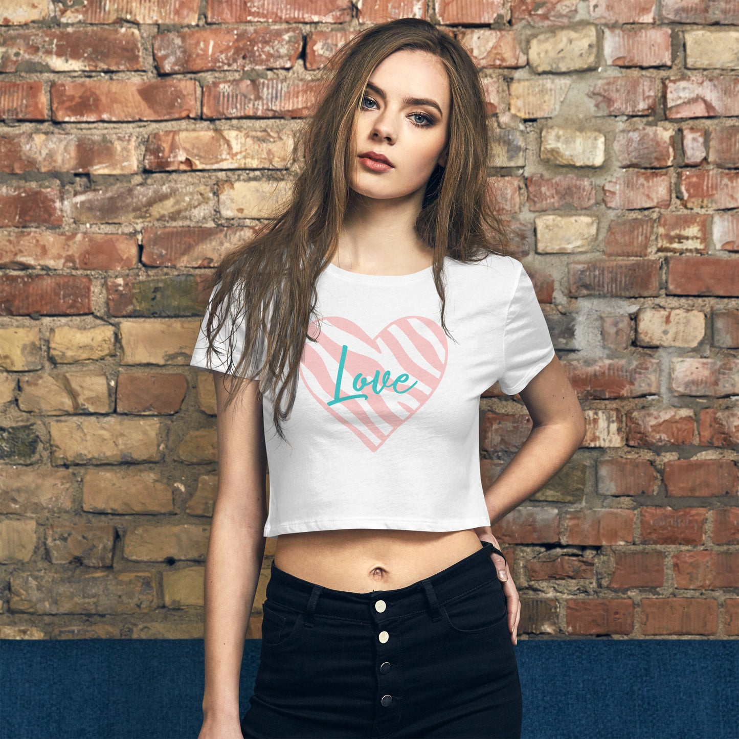 Zebra Love Pink/Teal Women’s Crop Tee (White)