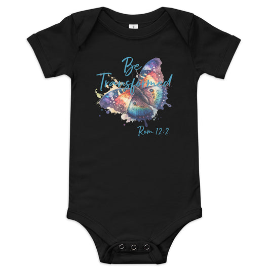 Be Transformed Butterfly Rom 12:2 Baby Onesie