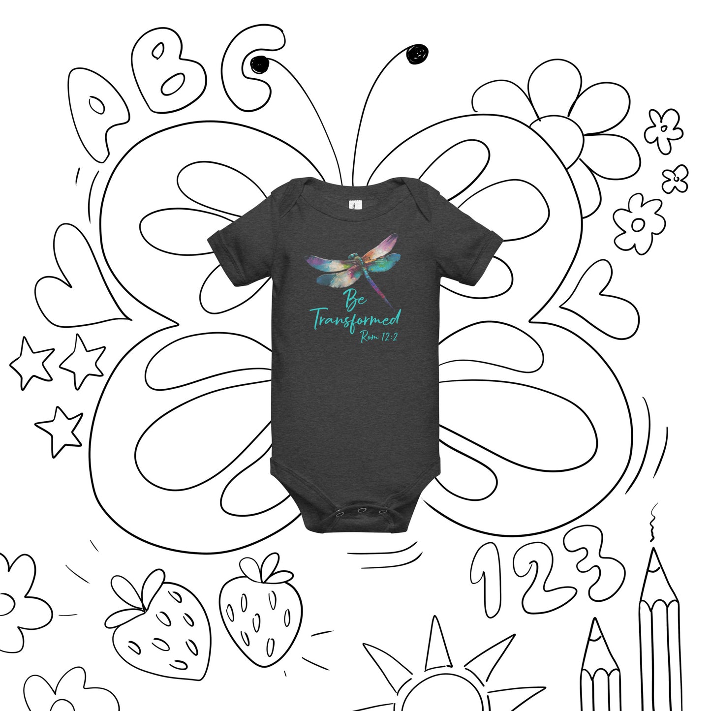 Be Transformed Dragonfly Rom 12:2 Baby Onesie