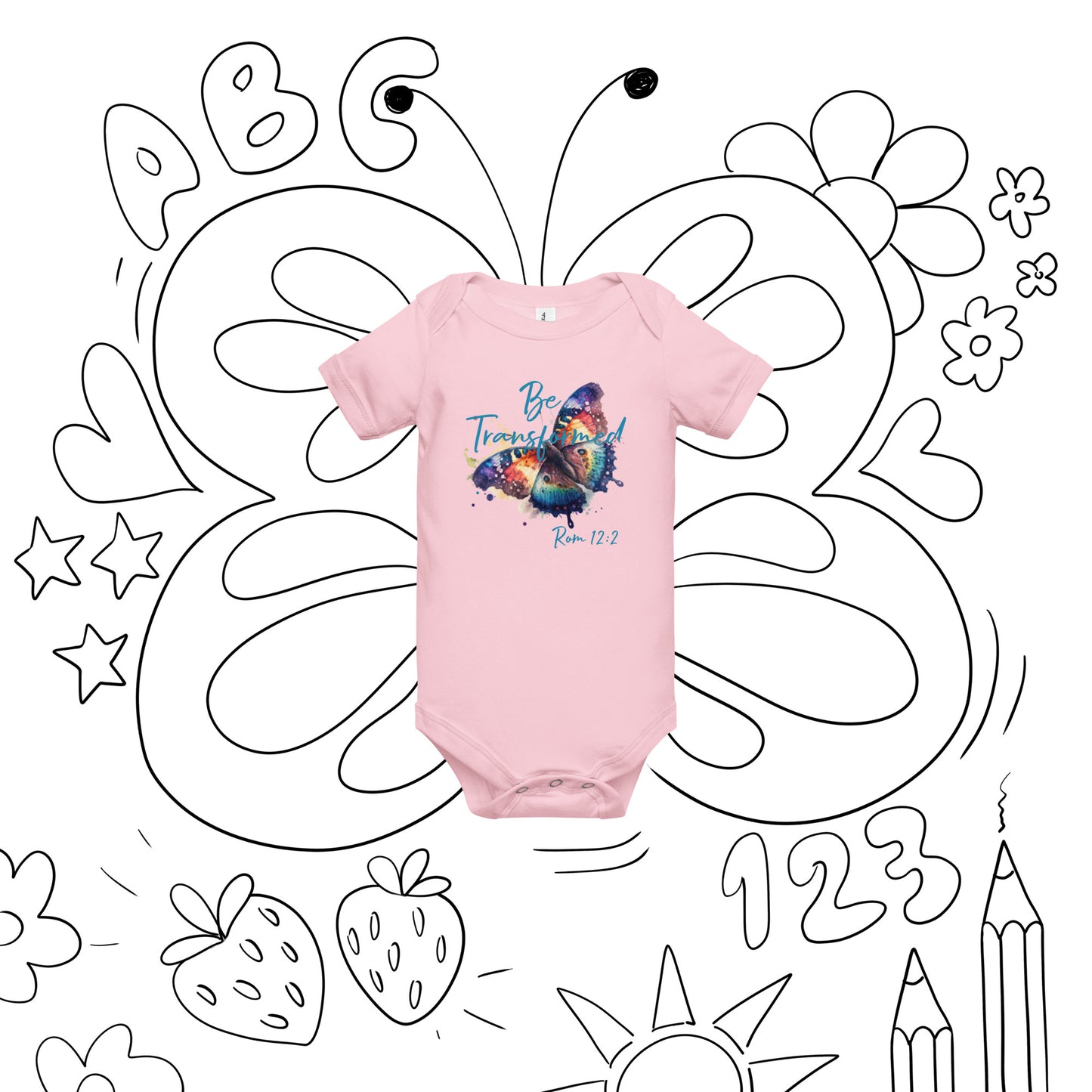 Be Transformed Butterfly Rom 12:2 Baby Onesie