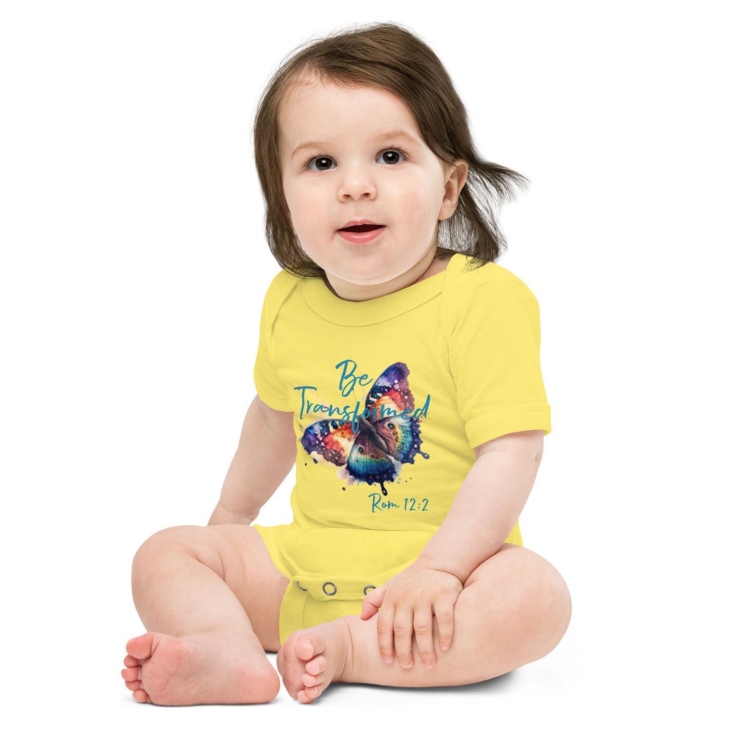 Be Transformed Butterfly Rom 12:2 Baby Onesie