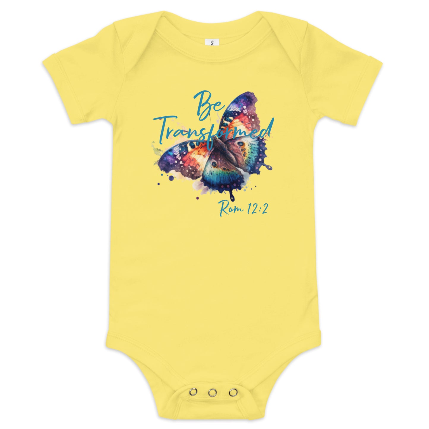 Be Transformed Butterfly Rom 12:2 Baby Onesie