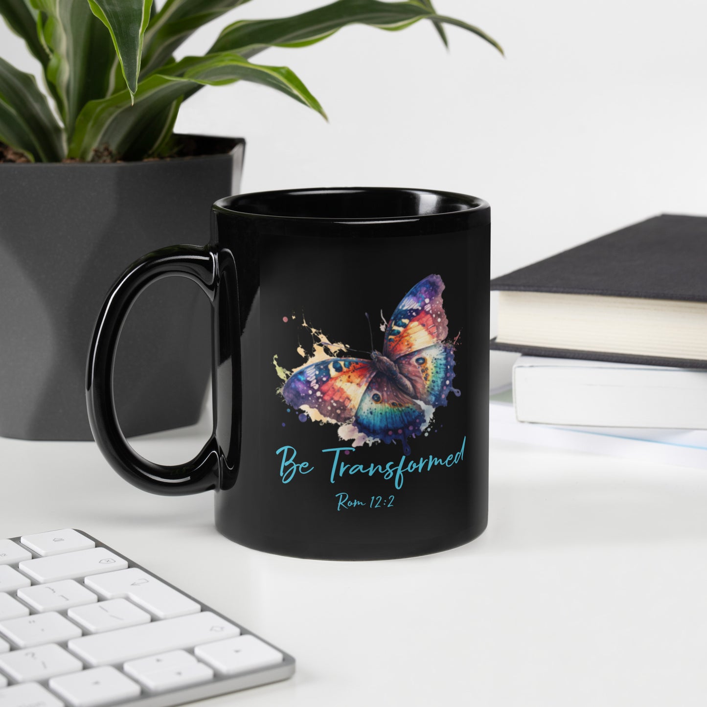 Be Transformed Rom 12:2 Butterfly Black Glossy Mug