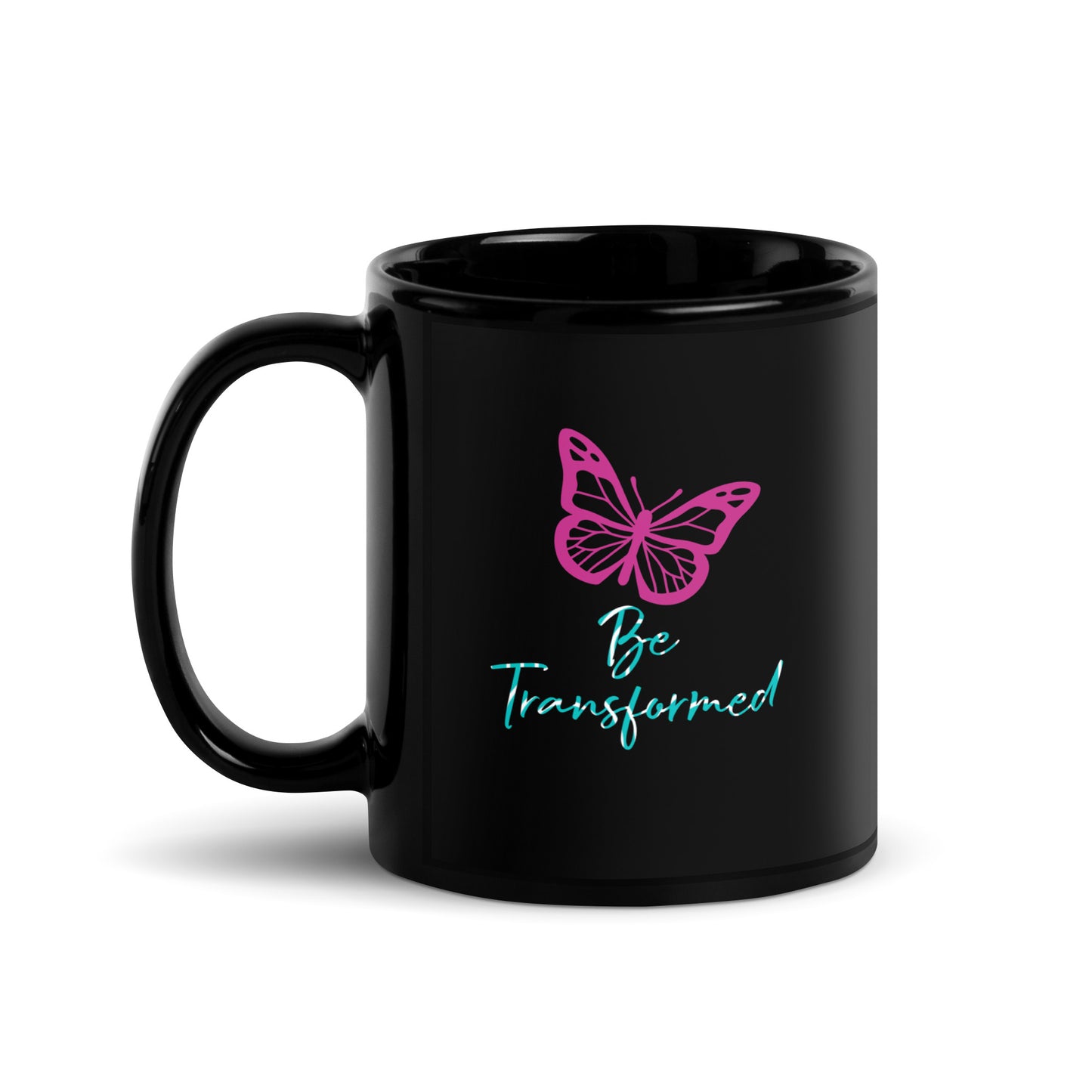 Be Transformed Pink Butterfly Black Glossy Mug