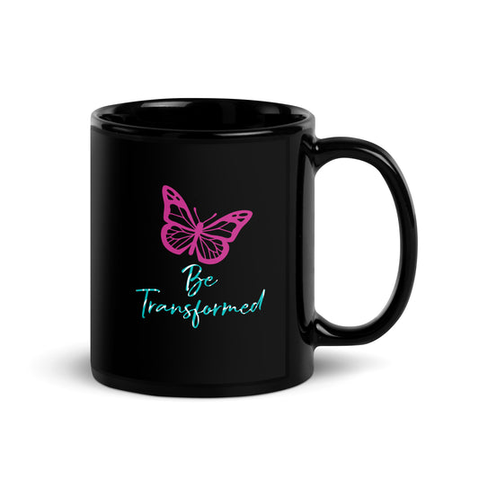 Be Transformed Pink Butterfly Black Glossy Mug