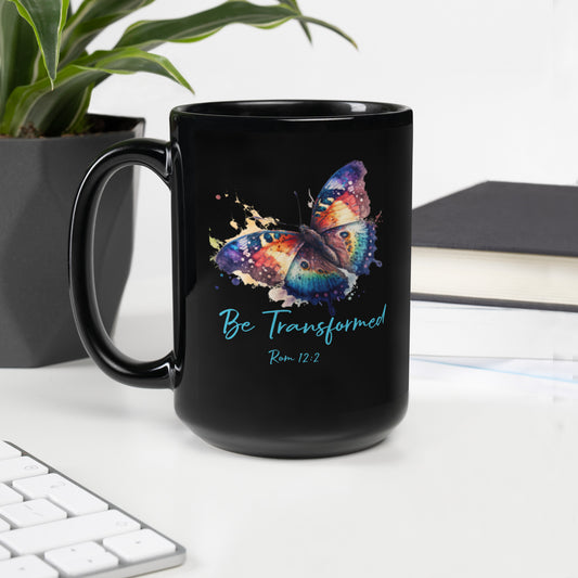 Be Transformed Rom 12:2 Butterfly Black Glossy Mug