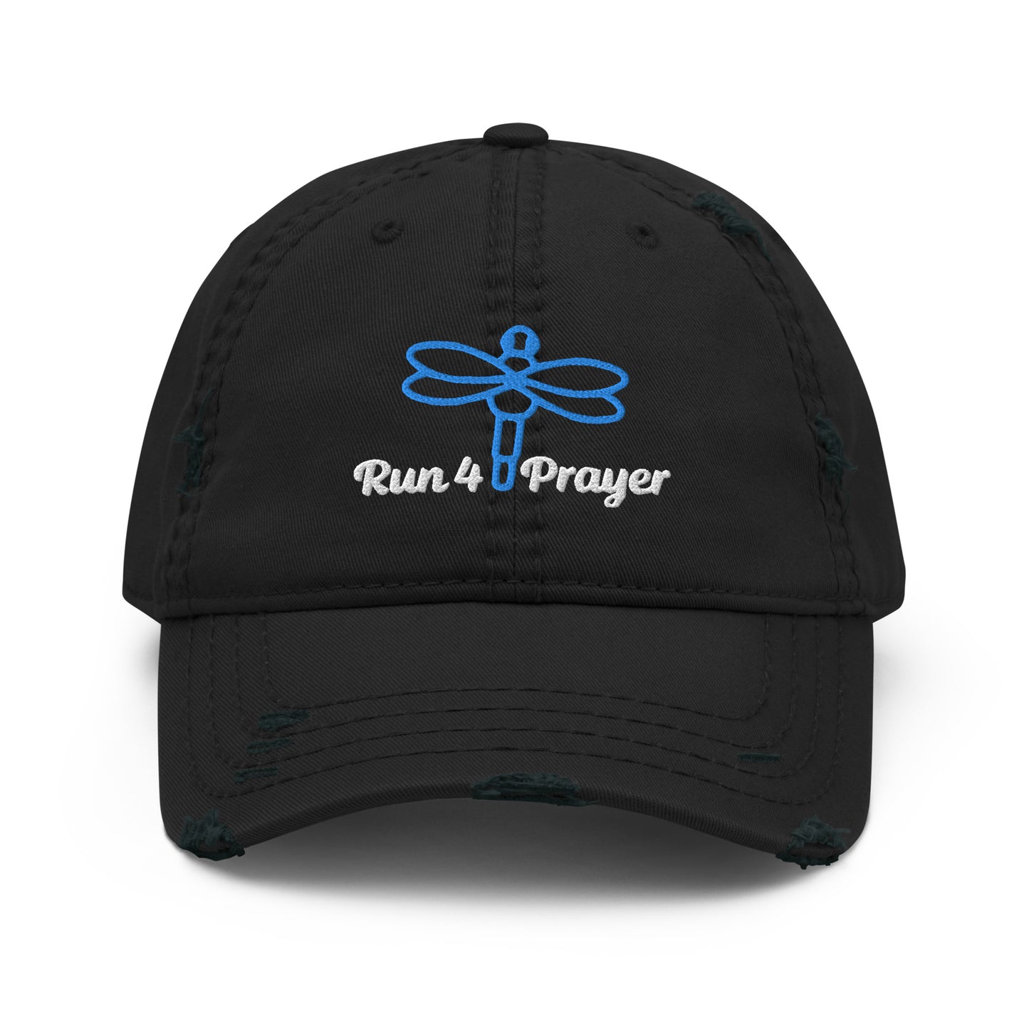 Run4Prayer Blue Dragonfly/ White Stitch Distressed Hat