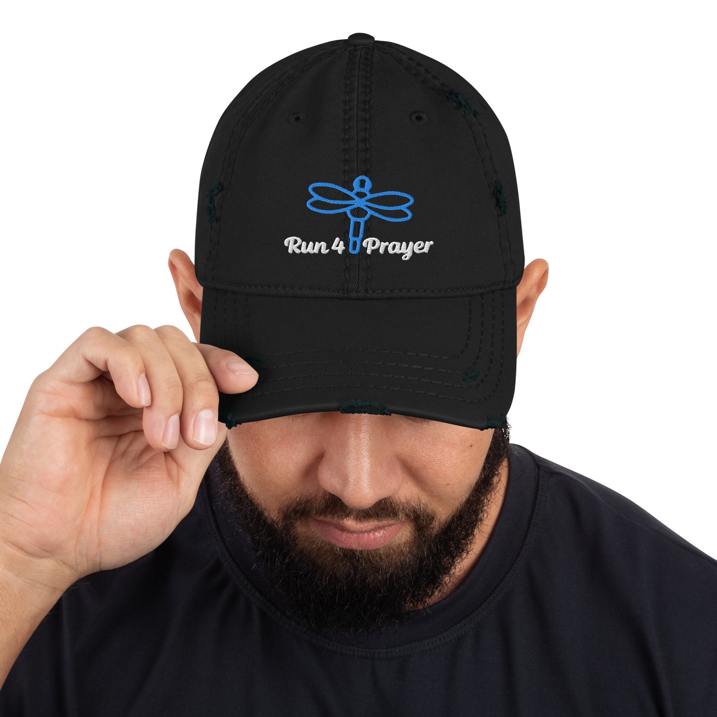 Run4Prayer Blue Dragonfly/ White Stitch Distressed Hat