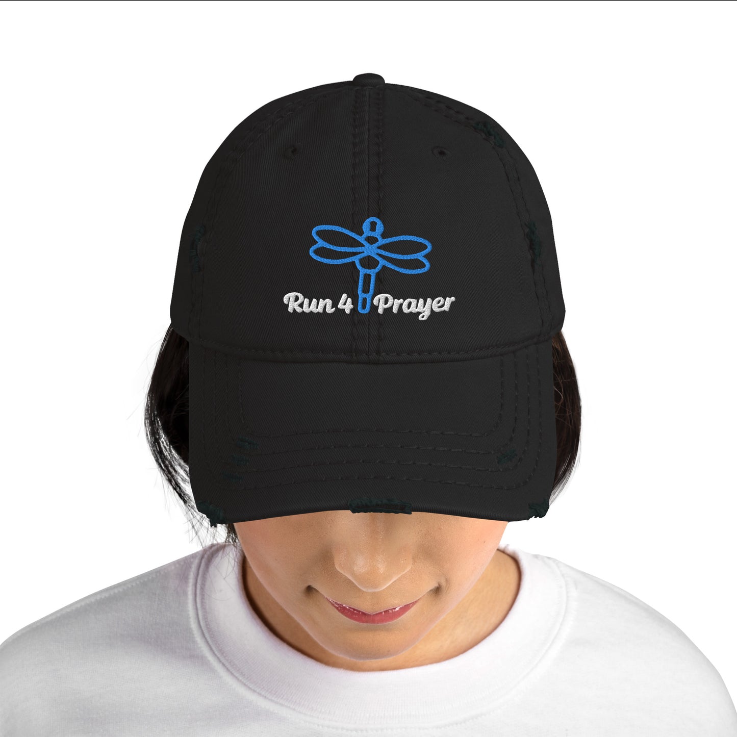 Run4Prayer Blue Dragonfly/ White Stitch Distressed Hat