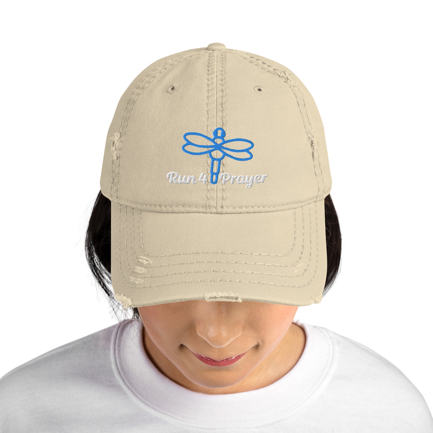 Run4Prayer Blue Dragonfly/ White Stitch Distressed Hat