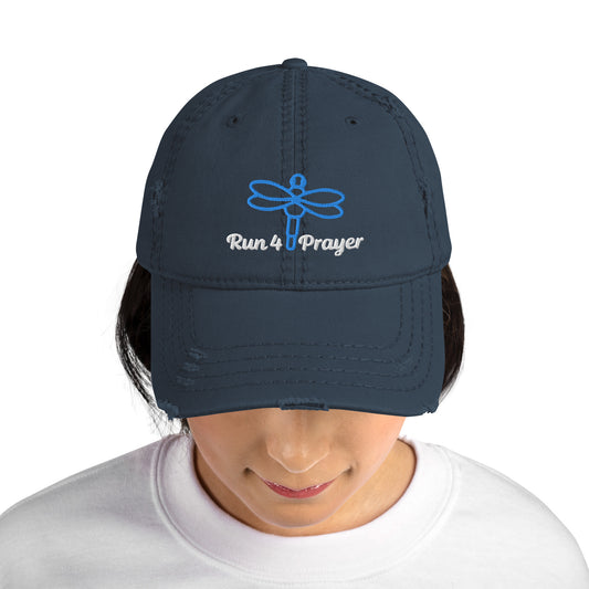 Run4Prayer Blue Dragonfly/ White Stitch Distressed Hat