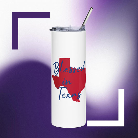Blessed in Texas Red on White (Blue Print) Stainless Steel Tumbler