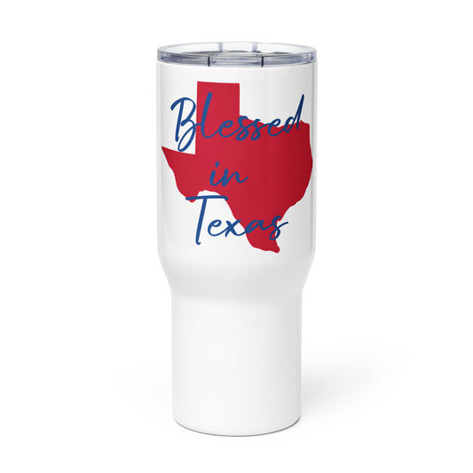 Blessed in Texas Red on White (Blue Print) Travel Mug w/ Handle 25oz