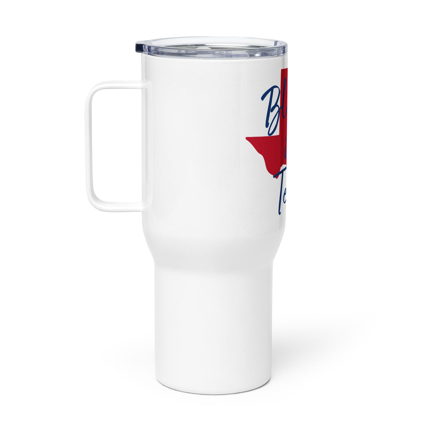 Blessed in Texas Red on White (Blue Print) Travel Mug w/ Handle 25oz