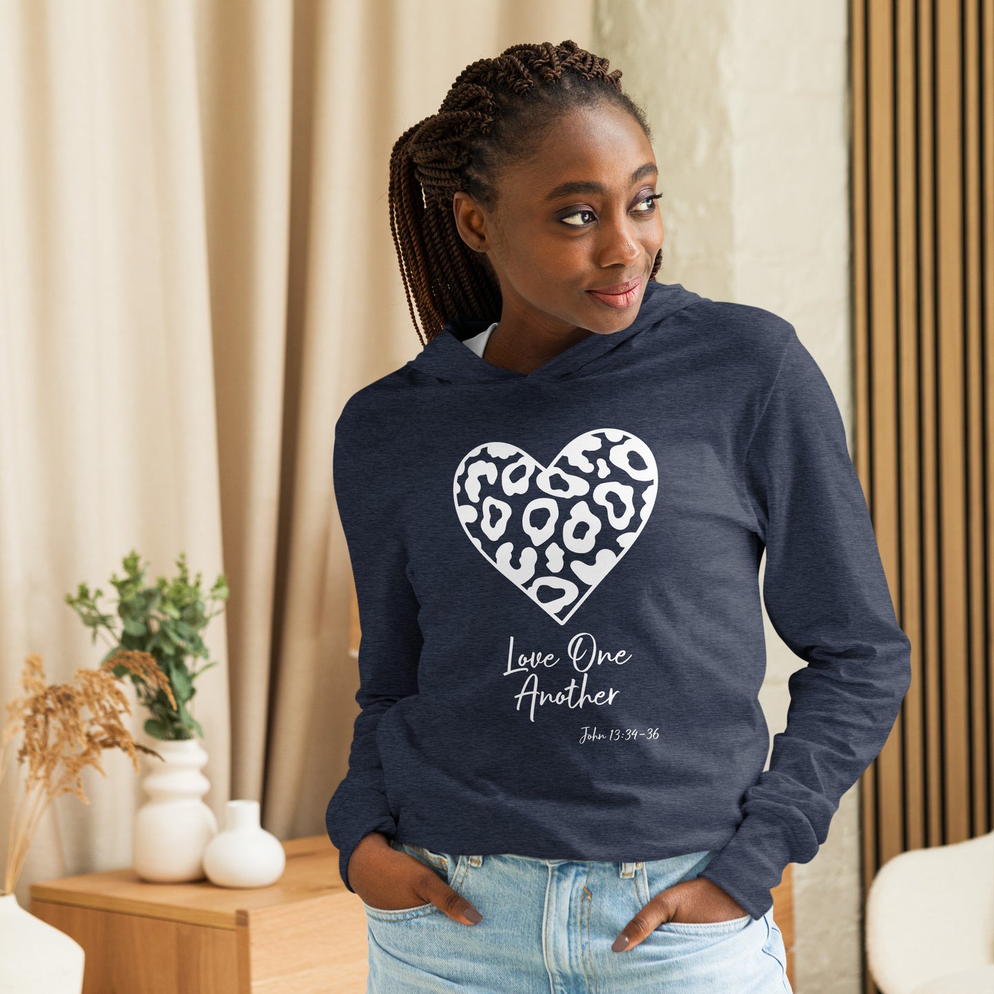 Leopard Heart Love One Another JN 13:34-36 Hooded long-sleeve tee
