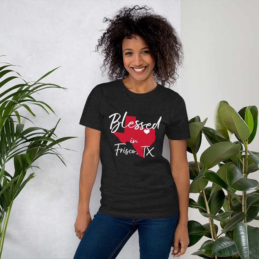 Blessed in Frisco, TX Red/ White Heart Unisex t-shirt