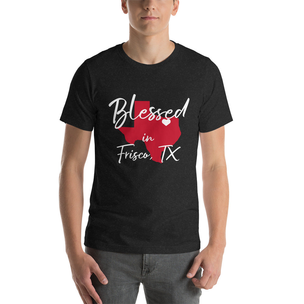 Blessed in Frisco, TX Red/ White Heart Unisex t-shirt