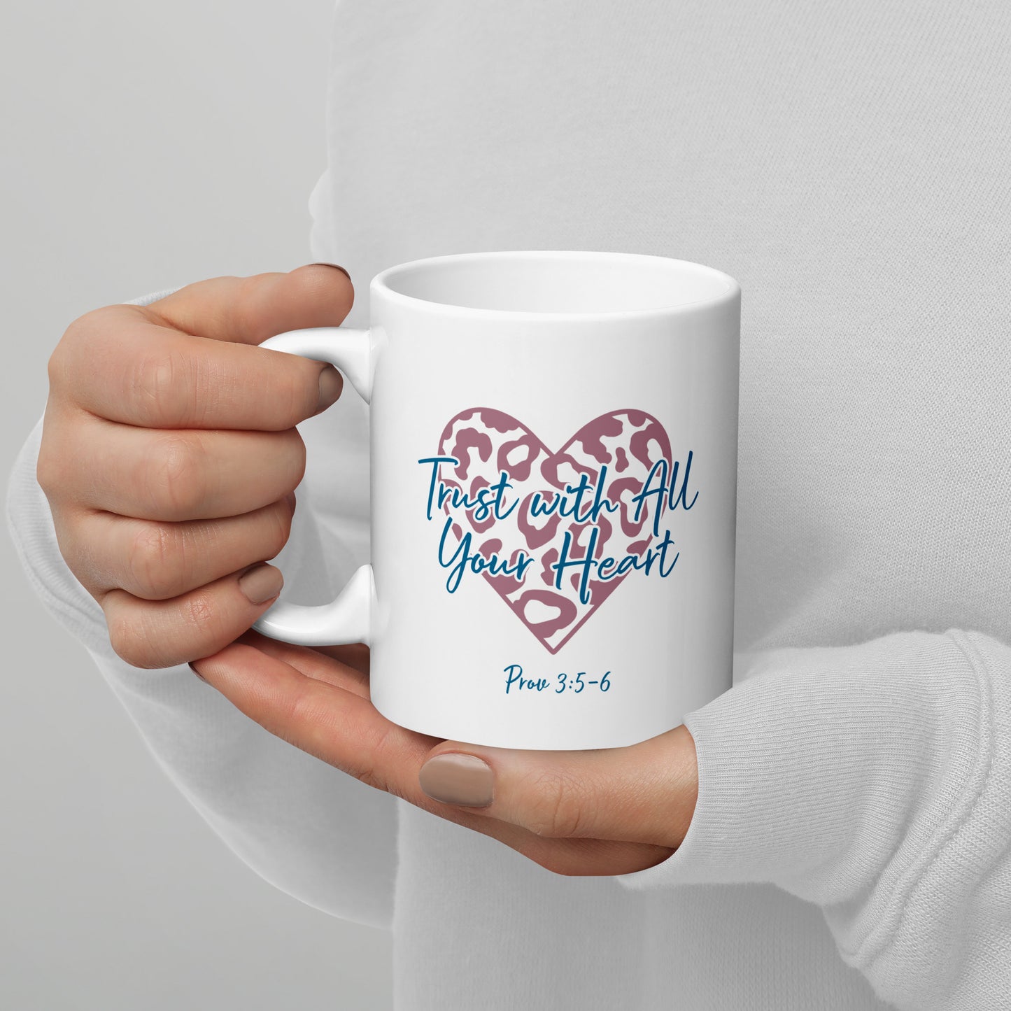 Leopard Heart Trust With All Your Heart Prov 3:5-6 Taupe/Teal Mug (White Glossy)