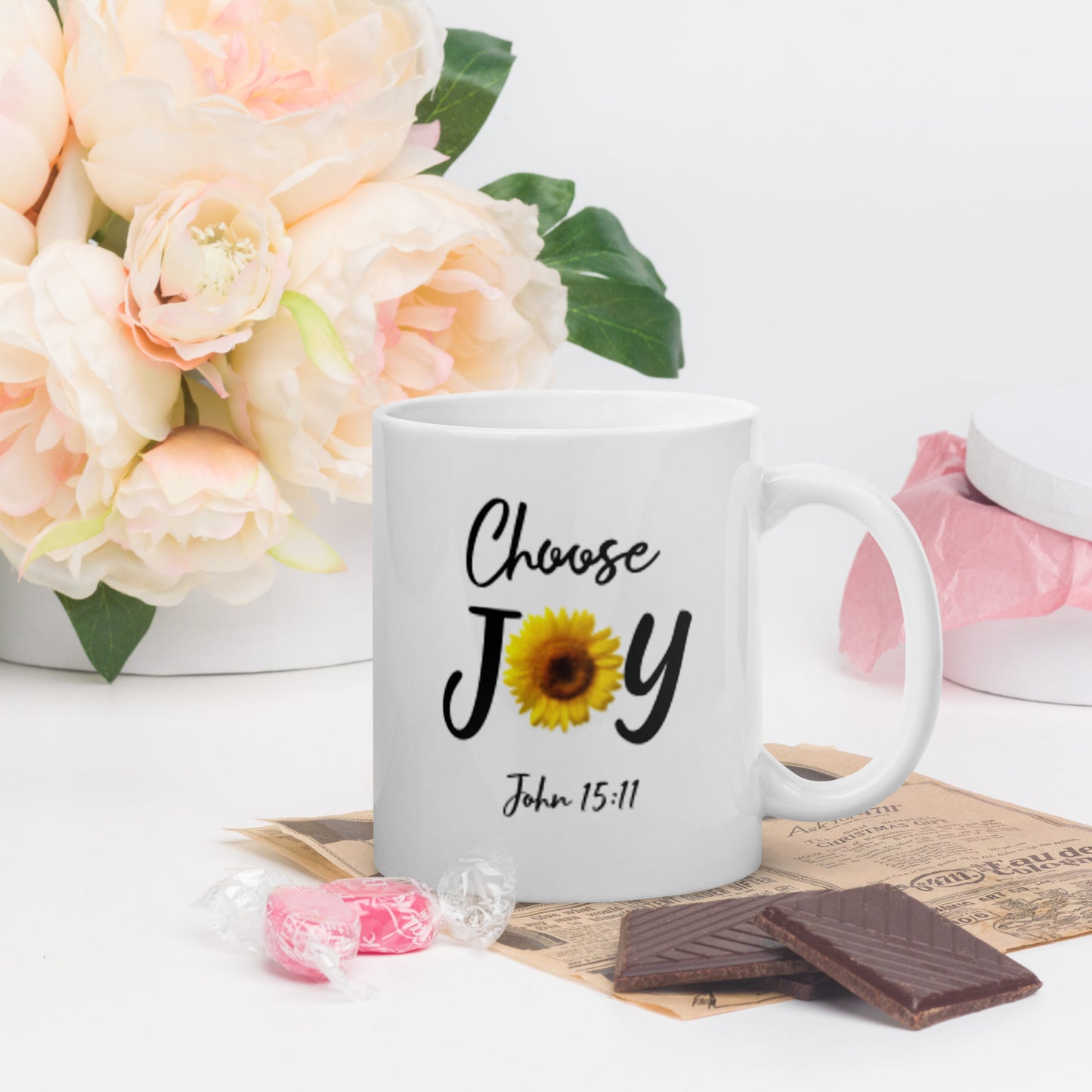 Choose Joy Sunflower White glossy mug
