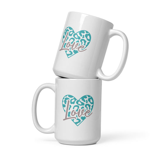 Leopard Heart Love Teal/Grey Mug (White Glossy)