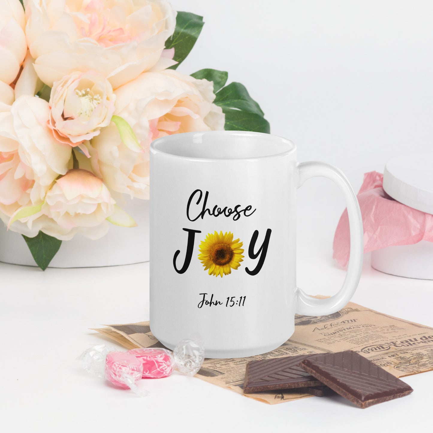 Choose Joy Sunflower White glossy mug