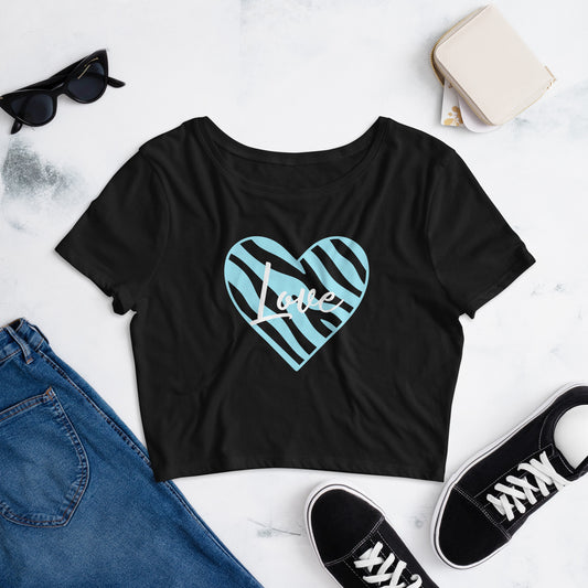 Zebra Love Blue/White Women’s Crop Tee (Black)