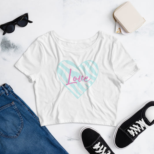 Zebra Love Blue/Lavender Women’s Crop Tee (White)