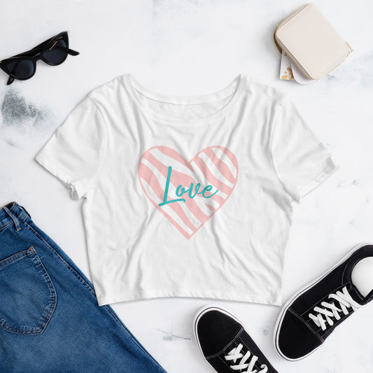 Zebra Love Pink/Teal Women’s Crop Tee (White)